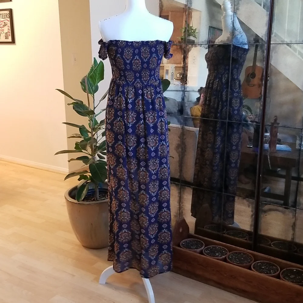 Xhilaration Blue & Orange Romper W Train Off Shoulder - Picture 9 of 11